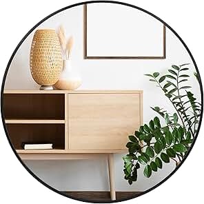 Black Round Bathroom Mirror, 24 inch Circle Mirror, Round Wall Mirror with Simple Metal Frame, Modern Round Hanging Mirror for Bathroom, Hallway, Living Room, Black Frame