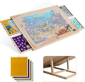 Becko US 1000-Pc Tilting Jigsaw Puzzle Board with 4 Colorful Drawers & Cover, Adjustable Puzzle Table with Built-in Easel/Stand, Portable Tables with Storage for Adults, with Premium Flannel Tabletop