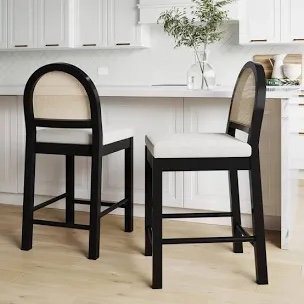 Nathan James Bailey Boucle Upholstered Rattan Bar Stool, Counter Height Stool with Natural Rattan Woven Back For Kitchen Island, White/Black Oak/Cream Boucle, Set of 2