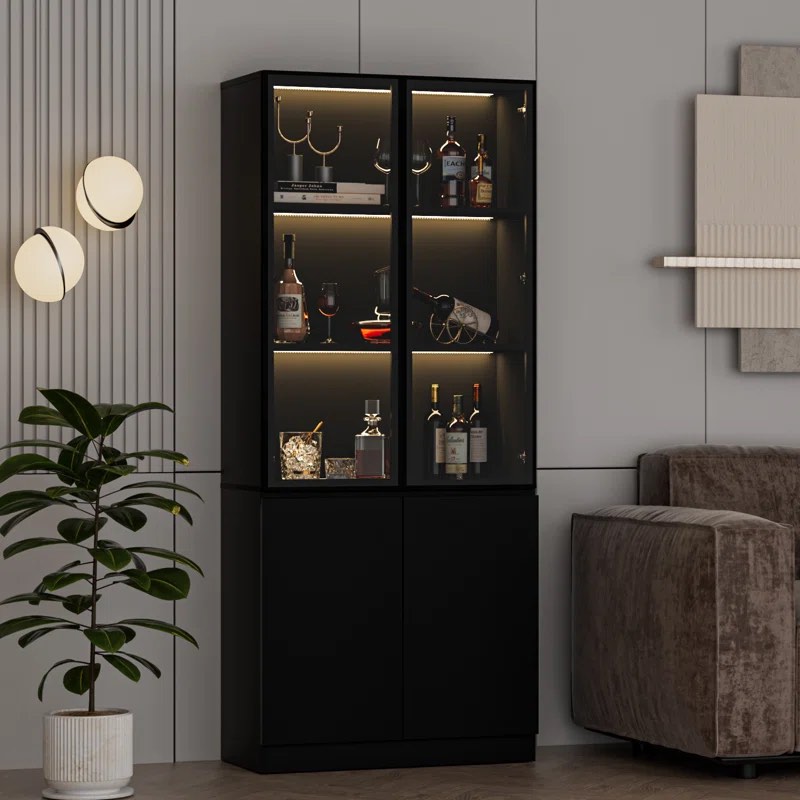 78.7" Tall Display Storage Cabinet with Glass Doors and LED Lights, Black