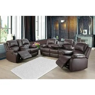 Reclining Sofa Set, Microfiber Manual Recliner Couch Set, 3 Piece Recliner Set with Loveseat, Drop Table & Cup Holders