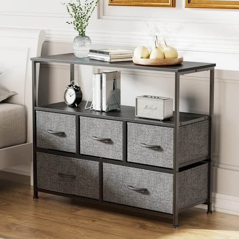 TV Stand with 5 Drawer Dresser Open Shelves, Fits TV up to 45 Inches, Grey