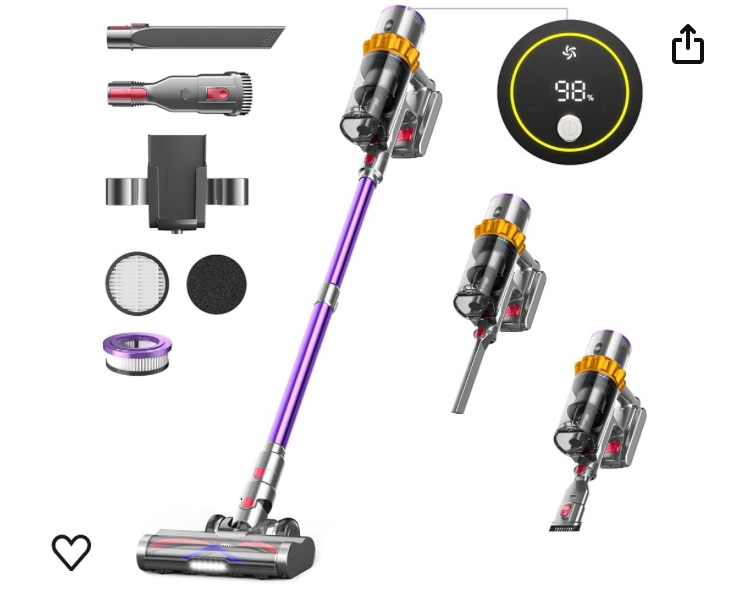 Cordless Vacuum Cleaner, 550W/45Kpa Vacuum Cleaners for Home with LED Screen, Up to 60 Mins Runtime, Noise Reduction Tech, 1.6L Dust Cup, Anti-Tangle Stick Vacuum for Pet Hair Carpet and Hardfloor