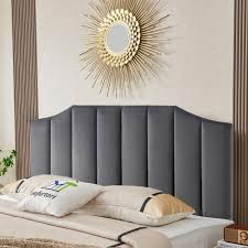 Velvet Upholstered Queen/Full Headboard, Tufted Headboard for Queen/Full Bed, Modern Vertical Channel Design with Curved Tufted Solid Wood Head Board and Luxury Soft Padded, Dark Gray