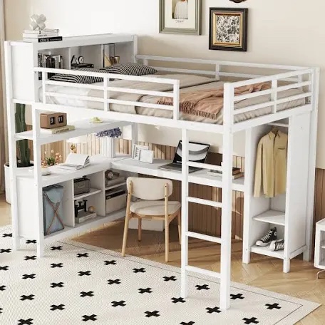 heavy duty metal loft bed with wardrobe and l-shaped desk, loft bed with storage cubes and shelves, durable loft bed for kids, teens, and adults