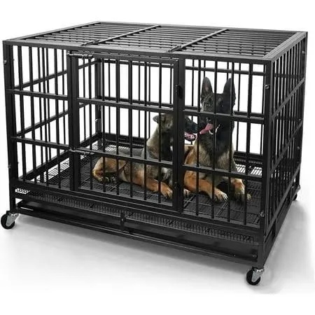 Heavy Duty Indestructible Dog Crate, Steel Escape Proof Dog Cage Kennel for High Anxiety Dogs, with Lockable Wheels and Removable Tray, for Medium Large Dogs