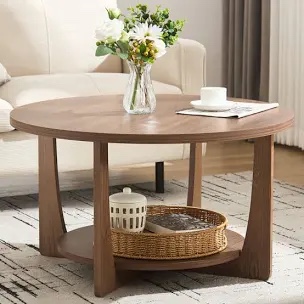31.5'' Solid Wood Legs Round Coffee Table with 2-Tier Storage