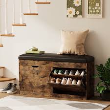 8 pair shoe storage bench with lift top, 2 flip drawers & padded seat cushion - entryway, hallway, living room shoe organizer cabinet serkis