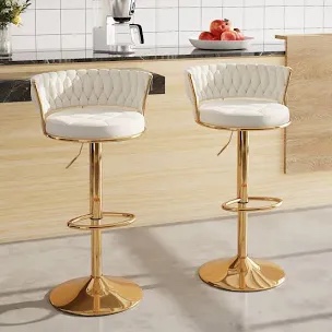 Aryelle Velvet Upholstered Bar Stools with Woven Backrest, Height Adjustable Counter Stools with Low Back, Swivel Kitchen Stools for Kitchen Island, Bar, Pub