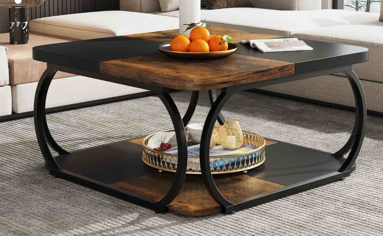 Square 2-Tier Coffee Table with Storage Shelf, 39 inches Low Farmhouse Wood Coffee Table for Modern Living Room