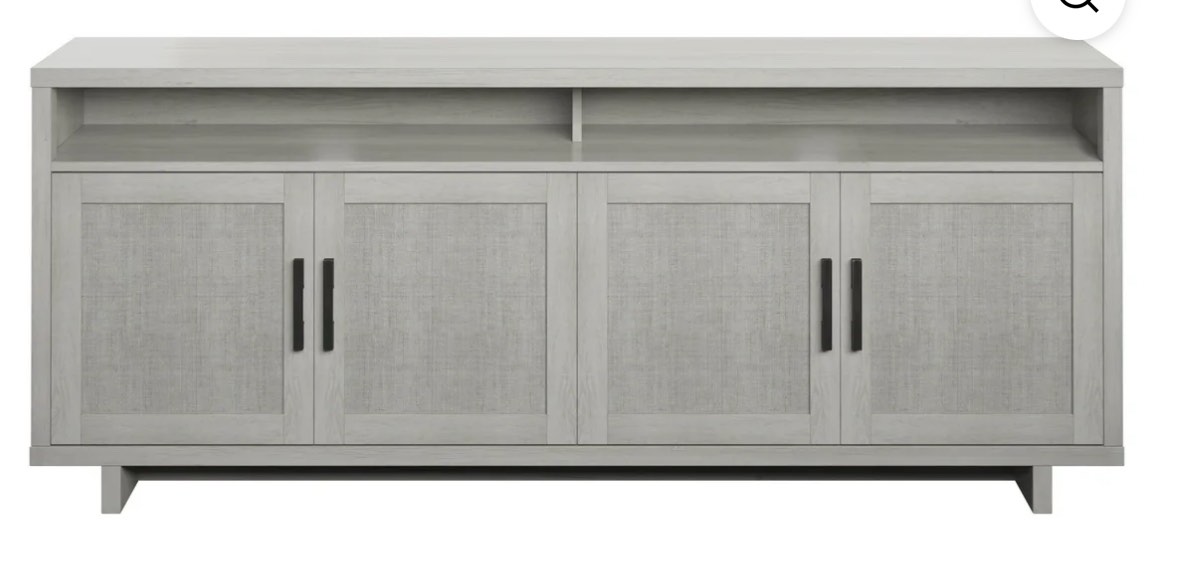 Twin Star Home Coastal TV Stand for TVs up to 80" with Linen Door Panels, Fairfax Oak