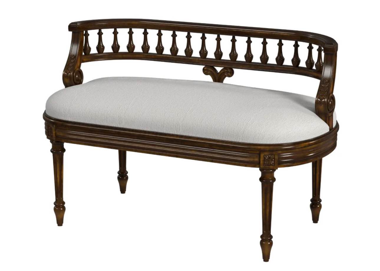 Hathaway 37" Upholstered Bench With Elegant Cream Cushion, Carved Spindle Back & Fluted Legs - Antique Cherry