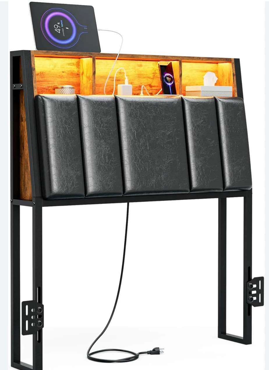 IKIFLY Hidden Storage Headboard Twin Size with Charging Station, Ergonomic Upholstered Twin/Twin XL Headboard Only with LED Lights, 2 Outlets & 2 USB Ports, Attach Frame, Easy Assembly, Black
