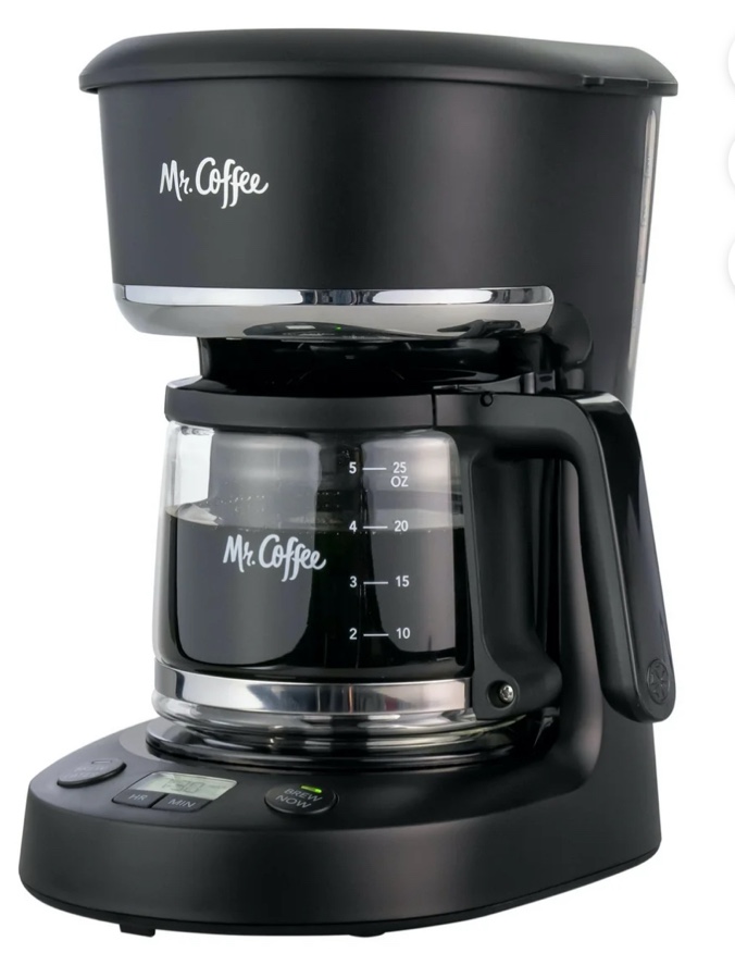 Mr. Coffee 5-Cup Programmable Coffee Maker, 25 oz. Mini Brew, Brew Now or Later, Black & Chrome