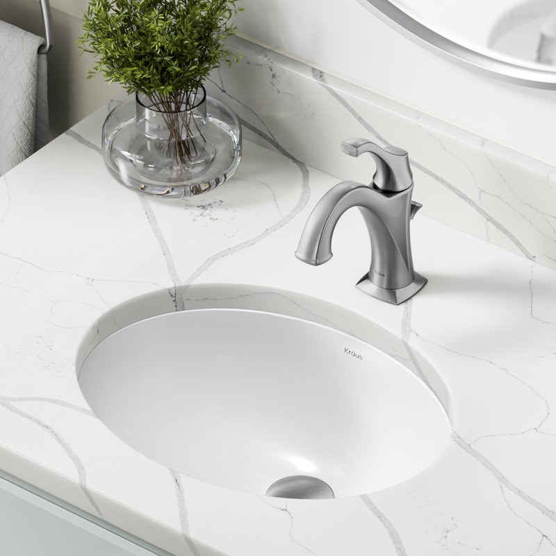 KCU-273 KRAUS Elavo. Oval Porcelain Ceramic Undermount Bathroom Sink In White With Overflow Drain, KCU-273