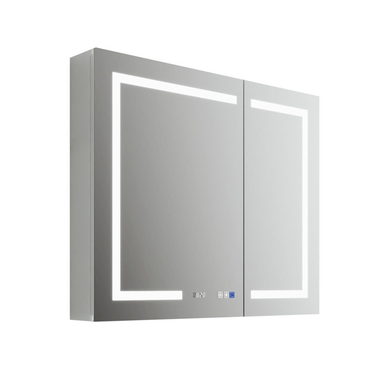36"W x 30"H Recessed/Surface Mount Frameless Medicine Cabinet with Mirror, LED Light, Defogger, Electrical Outlet, Clock & Temp