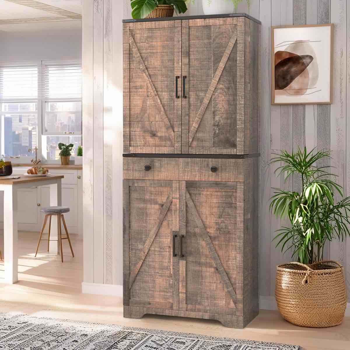 Kitchen Pantry Cabinet, 72” Tall Farmhouse Storage Cabinet with 4 Barn Doors and Adjustable Shelves, Pantry Storage for Kitchen, Living Room, Grey