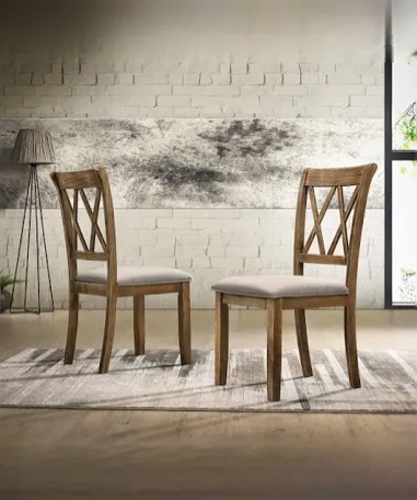 Roundhill Furniture Raven Cross Back Upholstered Dining Chairs in Glazed Pine Brown Finish  Set of 2