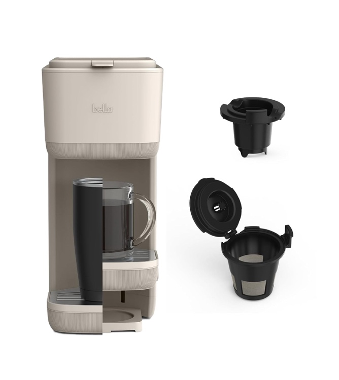 BELLA Single Serve Coffee Maker, K Cup & Coffee Ground Compatible with Removable, Adjustable Drip Tray, Auto Shutoff & Reusable Dishwasher Safe Accessories, Brews 6oz to 14oz, 1000 Watt, Oatmilk