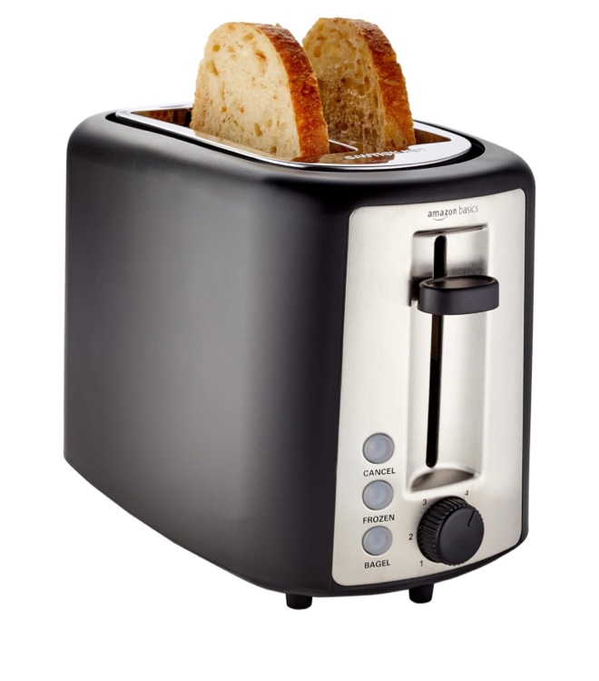 Amazon Basics 2 Slice Toaster, With 6 Browning Settings, Extra Wide Slots For Bagels and Special Breads, Removable Easy-to-Clean Crumb Tray, Cancel/Defrost/Bagel Buttons, 900W, Black & Silver