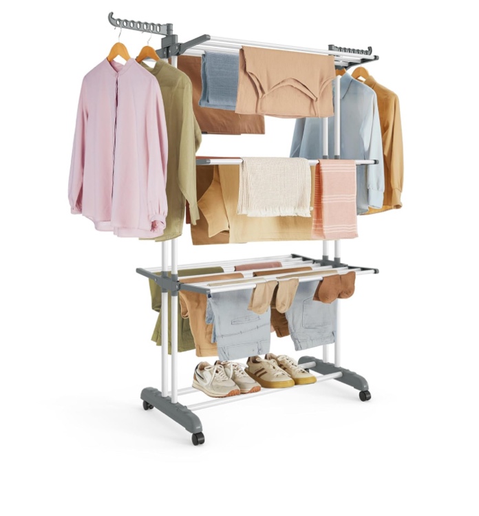 SONGMICS Clothes Drying Rack Stand 4-Tier, Foldable Laundry Drying Rack 68.1-Inch Tall, Steel, Rolling Clothes Horses Dryer Rack, Easy to Assemble, Indoor Outdoor Use, White ULLR701W01