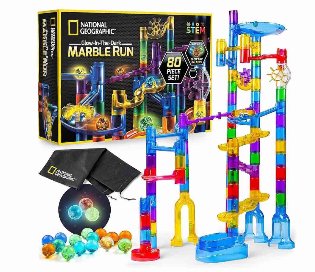NATIONAL GEOGRAPHIC Glowing Marble Run – 80 Piece Construction Set with 15 Glow-in-the-Dark Glass Marbles Mesh Storage Bag and Marble Pouch Great Creative STEM Toy for Girls and Boys