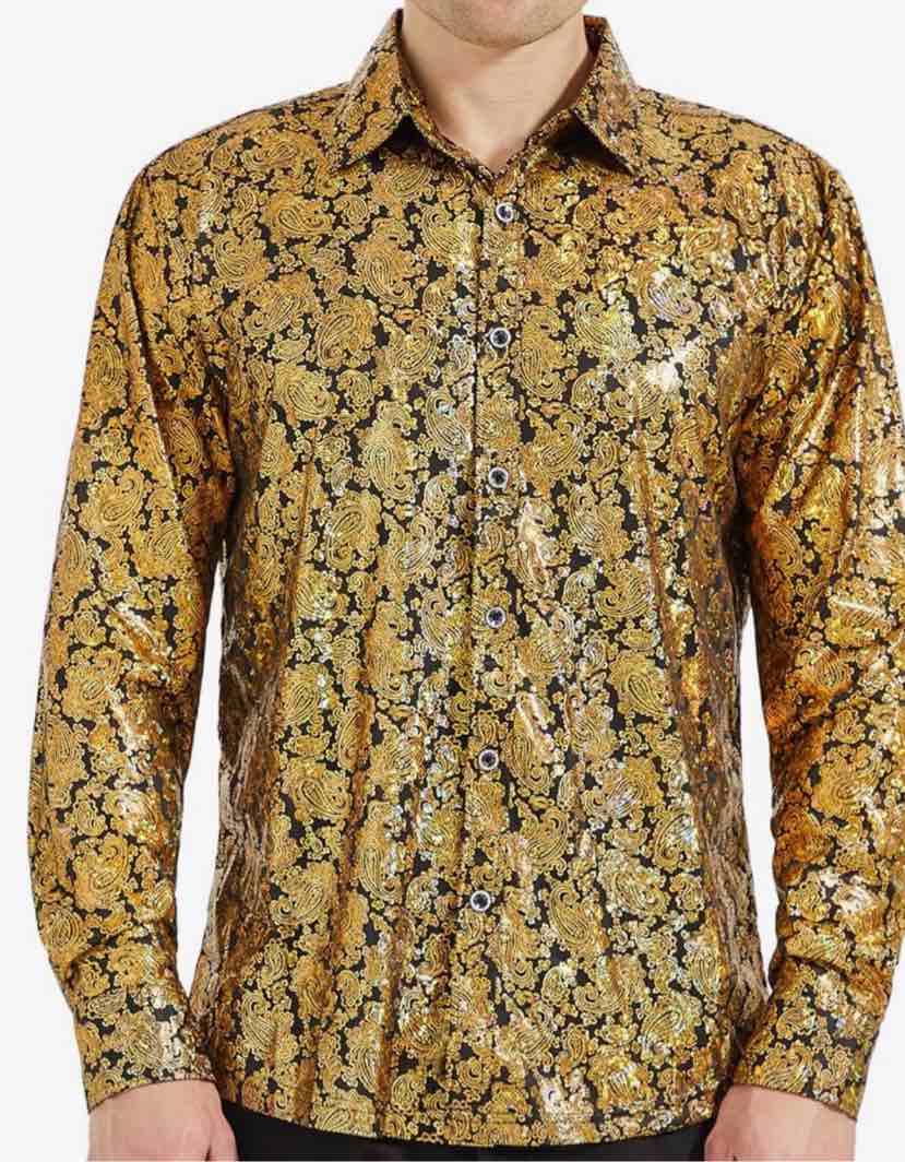 WULFUL Men's Luxury Disco Party Prom Gold Shiny Long Sleeve Dress Shirts Button Down Shirts
