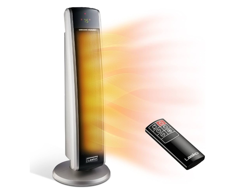 Lasko - Portable Ceramic Tower Space Heater with Remote Control - Black/Silver