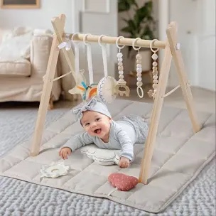 Wooden Baby Gym with 6 Gym Toys, Foldable Baby Play Gym, Natural Pine Wood Play Gym, Frame Activity Center Hanging Bar Newborn Gift Grey, Newborn Gift for Baby Girl and Boy
