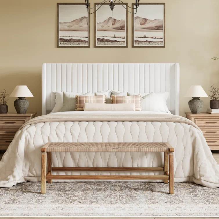 White Candler Upholstered Platform Bed with Wingback