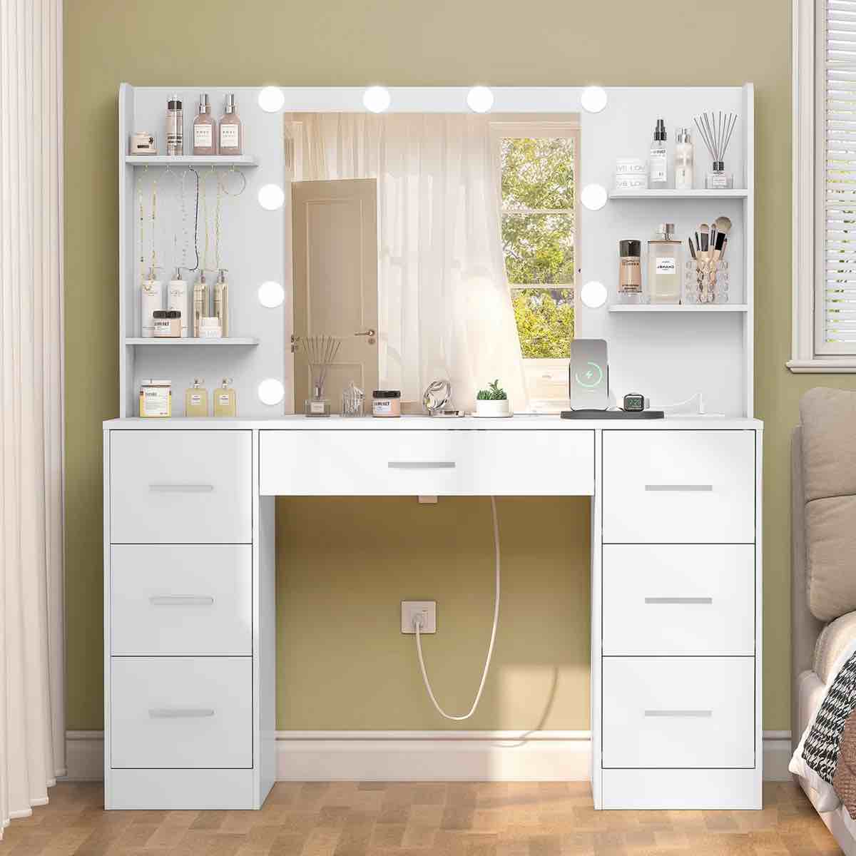Camyla Makeup Vanity Table with LED Lighted Mirror, Power Outlet,7 Drawers,4 Shelves,5 Jewelry Hooks