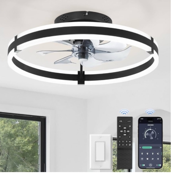Ceiling Fans with Lights and Remote, 19.7'' Low Profile Ceiling Fans, 3000-6000K Dimmable Modern Flush Mount LED Fan Light, 6 Wind Speeds, Black Fandelier Ceiling Fans with Lights for Bedroom