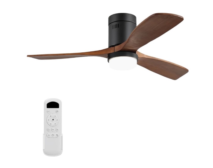 Sofucor 52" Low Profile Ceiling Fan With Lights and Remote Control, Noiseless Reversible Motor Flush Mount Wood Indoor Ceiling Fan with 3 Carved Wood Fan Blade for Covered Outdoor Patios…