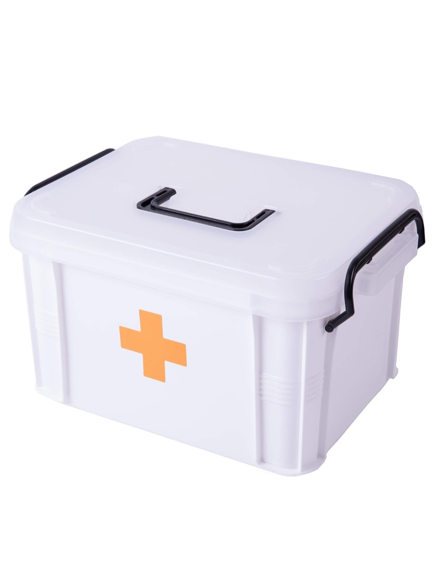 white large empty medical box for home emergency supplies, travel, car, and dorms – compact first aid box with handle, detachable tray and locking lid – medical organizer and first aid kit storage