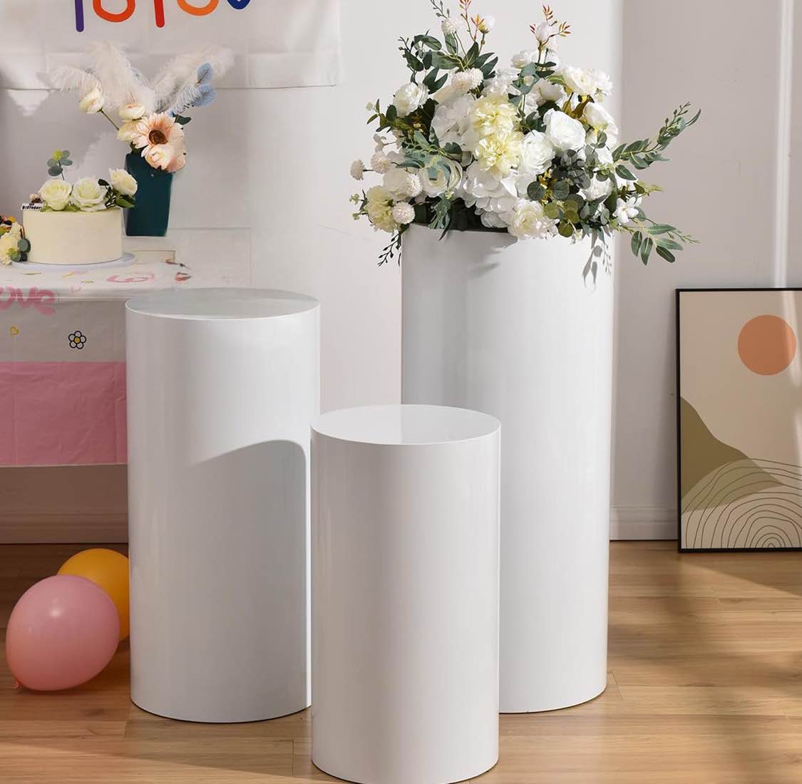 cylinder display pedestal stands for parties, metal cake stand for party birthday wedding decor, cilindros decoraciones de fiestas blancos, white