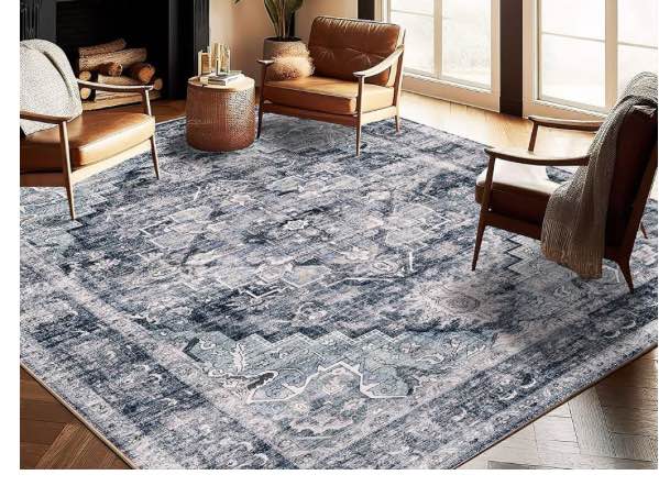 Washable Area Rug 8'x10' Dark Blue Retro Boho Design Non-Shedding Non-Slip Easy Care Ideal for High Traffic Areas in Living Room Bedroom Office Coffee Table Kitchen Large Carpet