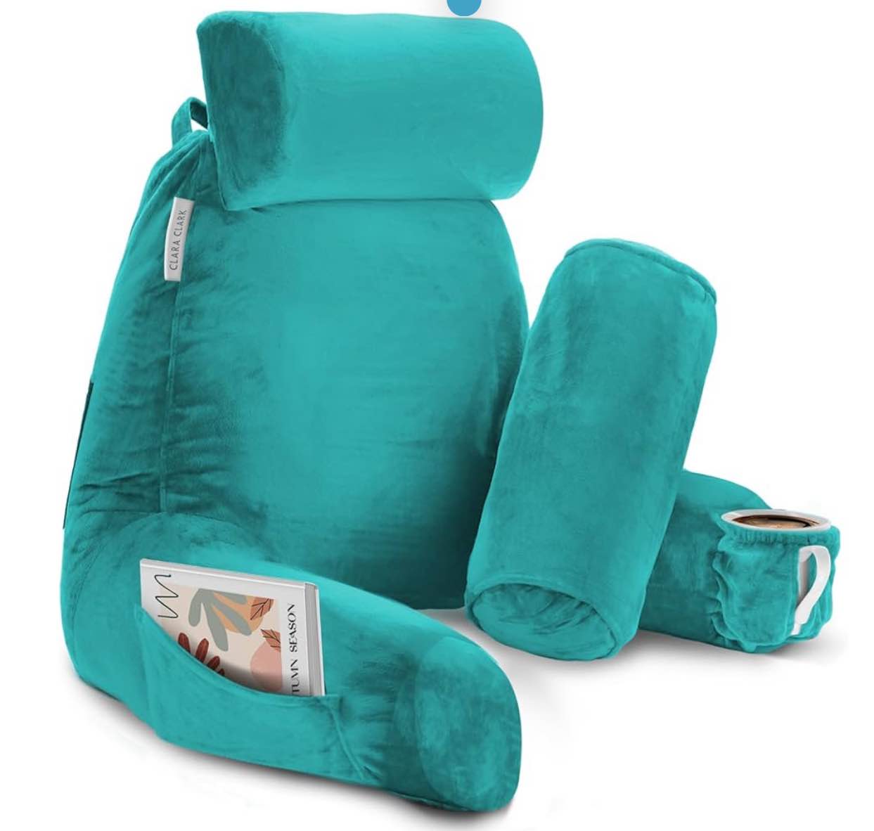 clara clark reading pillow with shredded memory foam includes 2 neck and lumber support pillows, designed for sitting up in bed and couch, back and arms adjustable support for adults & teens, teal
