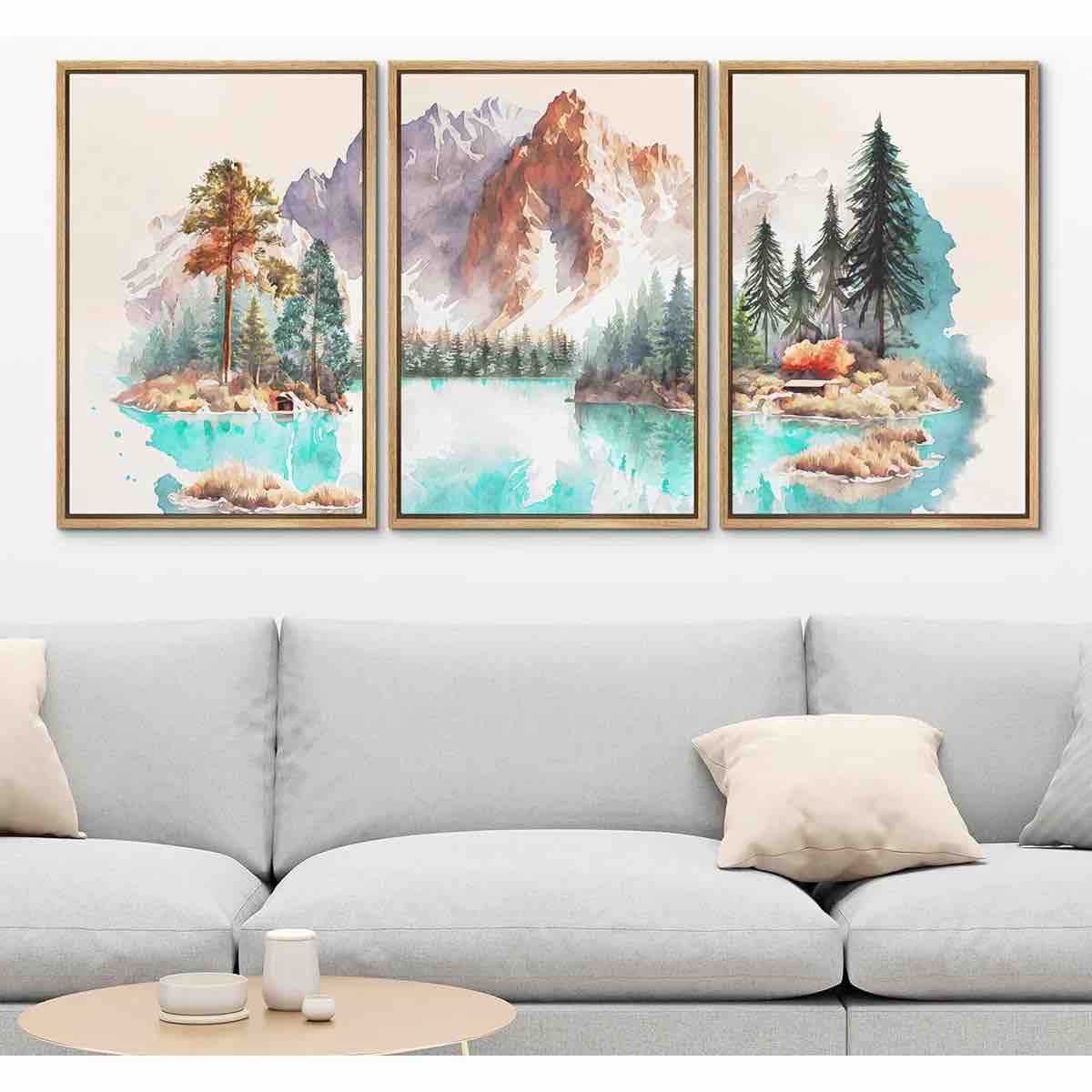 Woodland Forest Landscape " Pastel Mountain Range Pine Tree Forest Teal Lake " 3 - Pieces