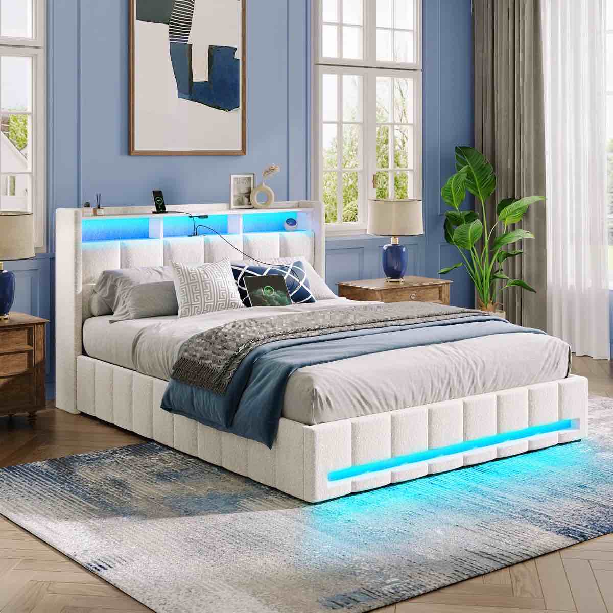 Jilissa Upholstered Bookcase Lift Up Storage Bed with Charging Station and RGB LED Lights