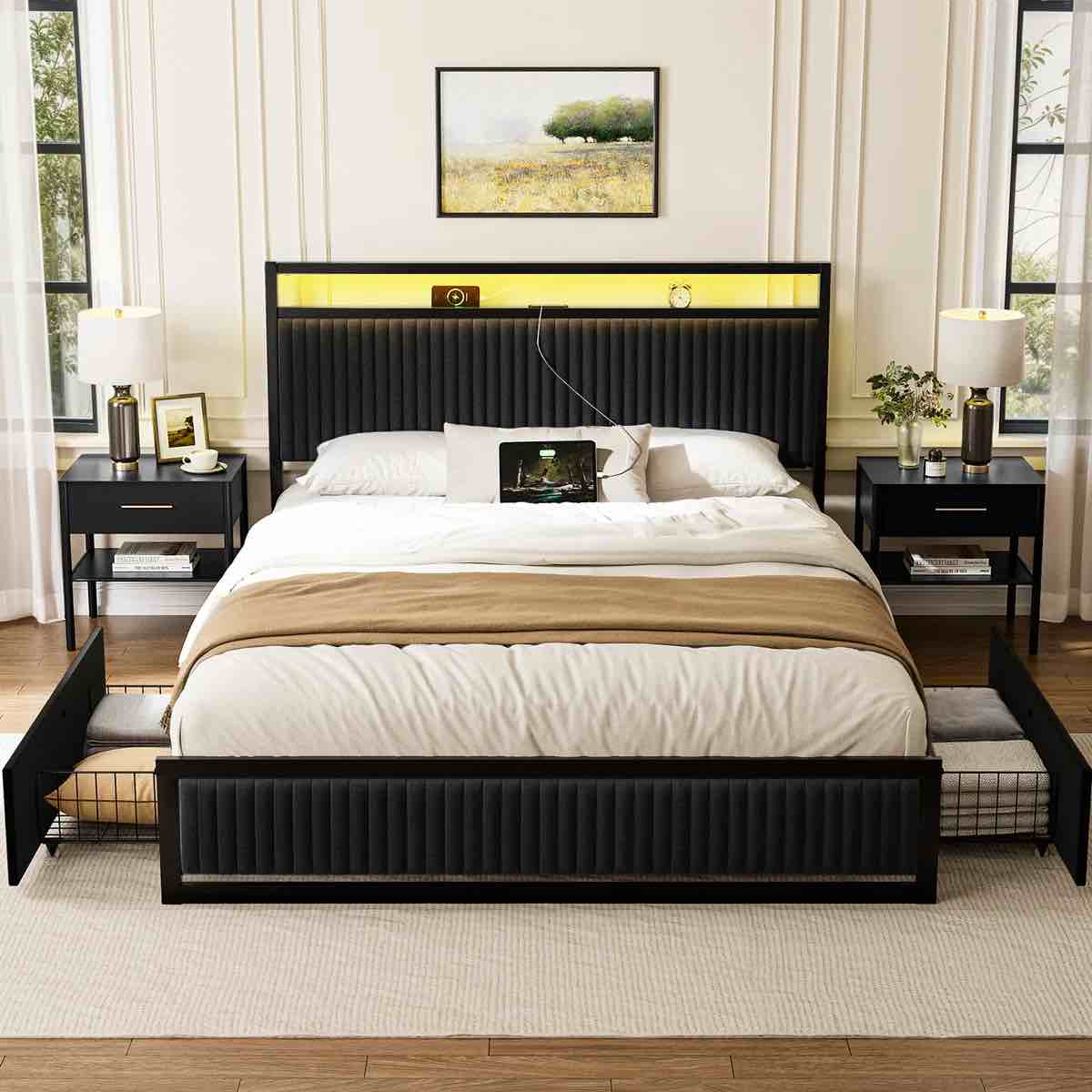 Antioch Upholstered Bed Frame with 2 Storage Drawers, Modern Platform Bed with Charging Station & LED Light, No Spring Box Needed, Side Boards and Rails ONLY