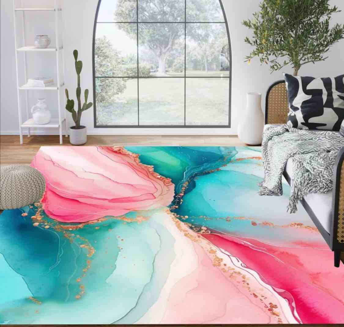 Turquoise Pink Marble Texture Modern Abstract Soft Area Rug for Living Room Bedroom Diningroom Faux Wool Machine Washable Romantic Aesthetic Indoor Floor Rug Washable No Slip Carpet Runner 8x10