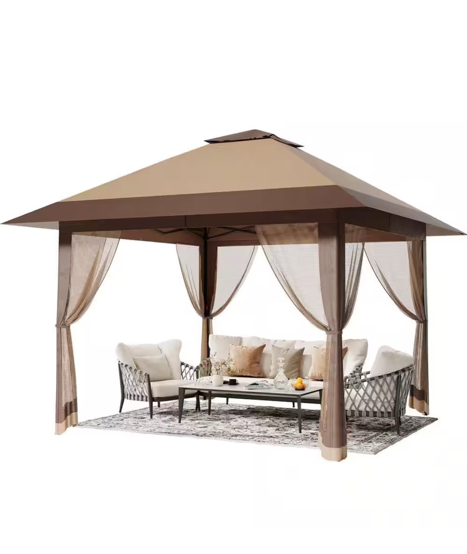 13 ft. x 13 ft. Khaki Steel Metal Hardtop Pop Up Outdoor Gazebo with Mosquito Netting for Backyard, Garden, Lawn, Deck
