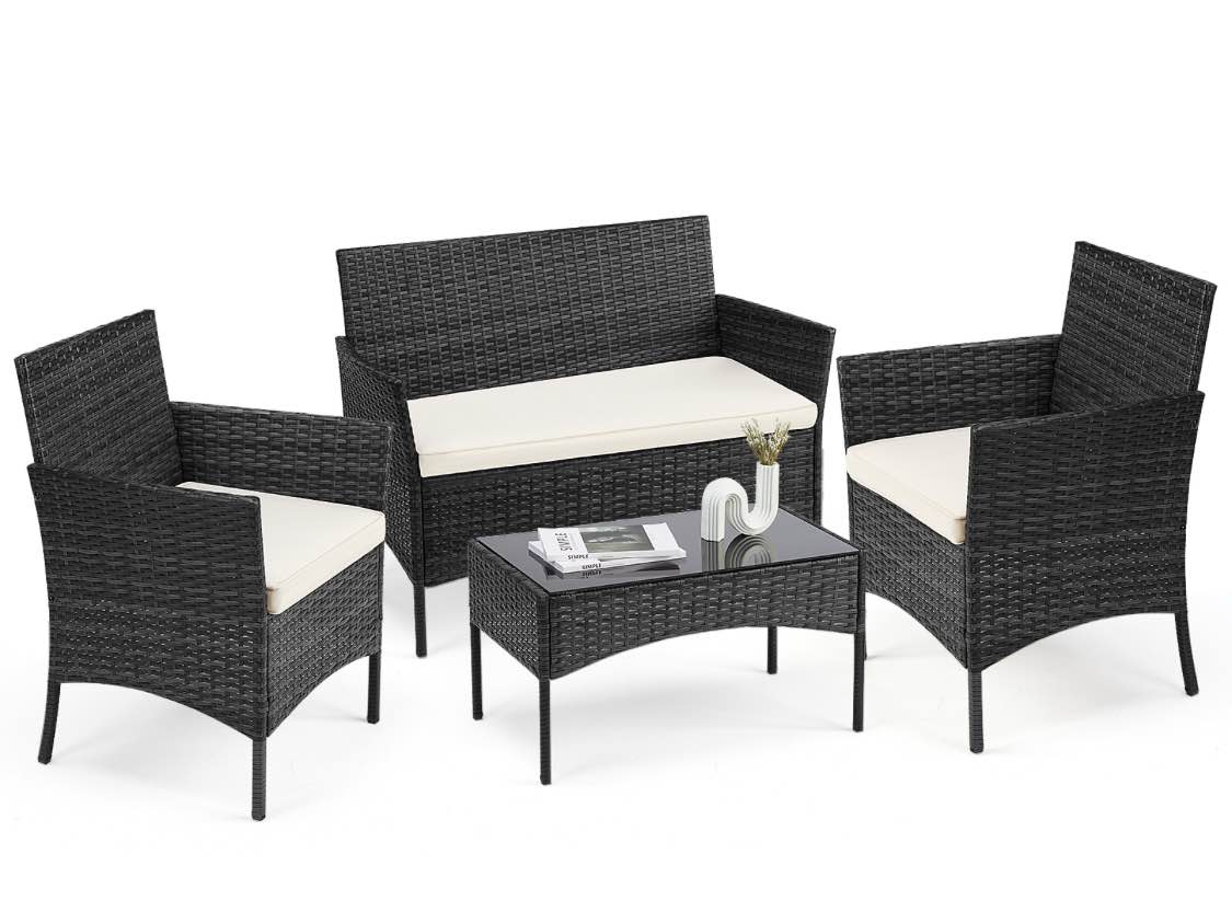 patio furniture set 4 pieces, outdoor furniture with glass table, weaving wicker