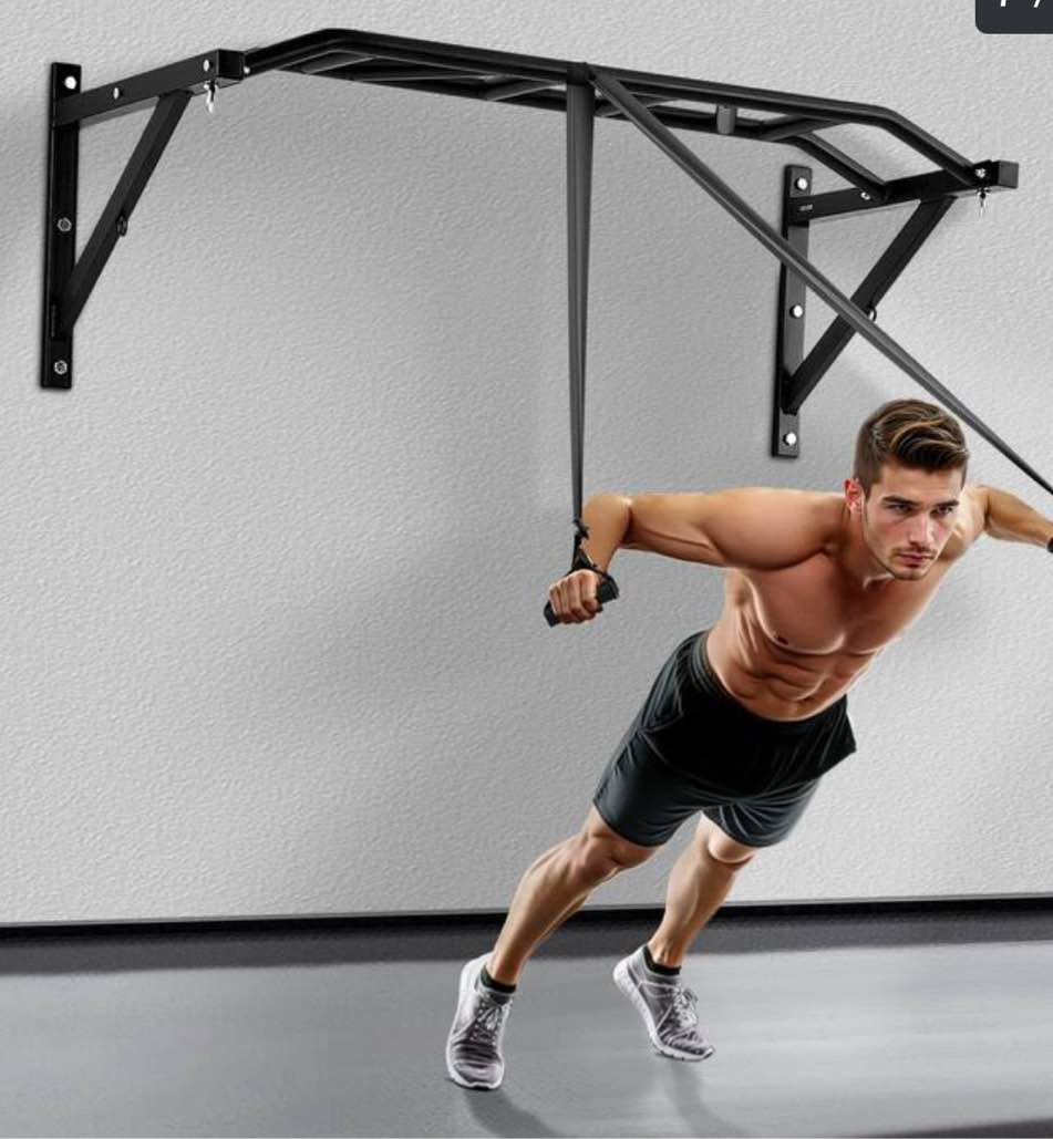 Wall Mounted Pull Up Bar with Pulley System and 10 Grip Options Triceps Rope for Home Gym Station ( Open box Maybe Incomplete)