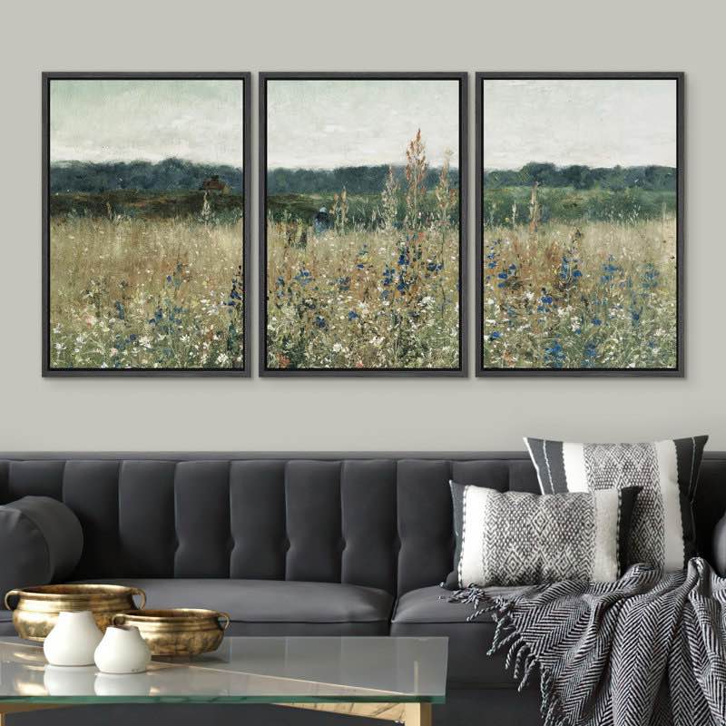 Pastoral Fields Rustic Wildflower Countryside Floral Landscape Illustration Rustic Artwork Ultra " 3 - Pieces