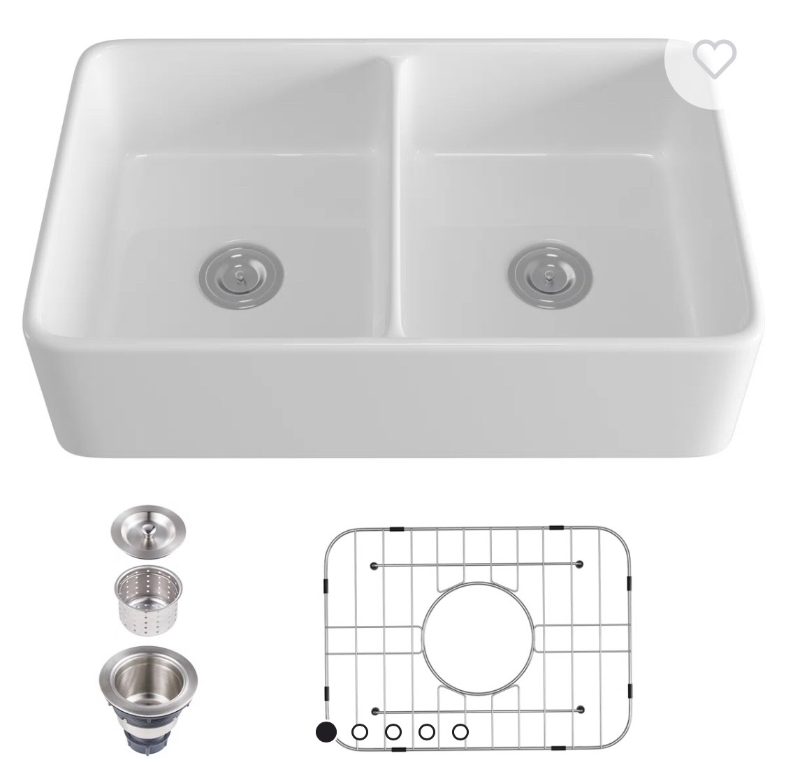Denbigh 32" L x 20" W, White Fireclay Double Basin Farmhouse Kitchen Sink with Accessories ZCAI-SINK-012