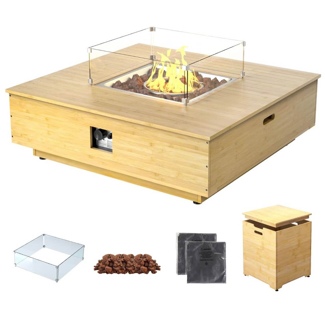 SUMOLOLIFE Fire Pit Table Propane Gas Fire Pit Table with Propane Tank Cover, 42.9"" Wooden Propane Fire Pit Table, Gray, Yellow (Yellow), XM-W-231220