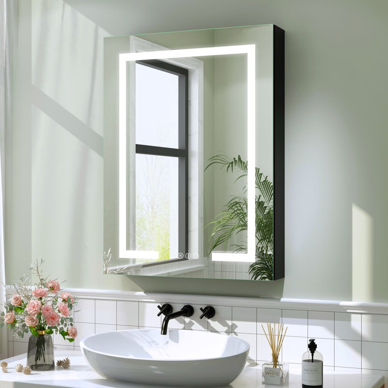 Mirror cracked. see photos. Hartli 24"W* 32"H Recessed or Surface Mount LED Medicine Cabinet Mirror with Dimmable Light & Socket See More by Wrought Studio™