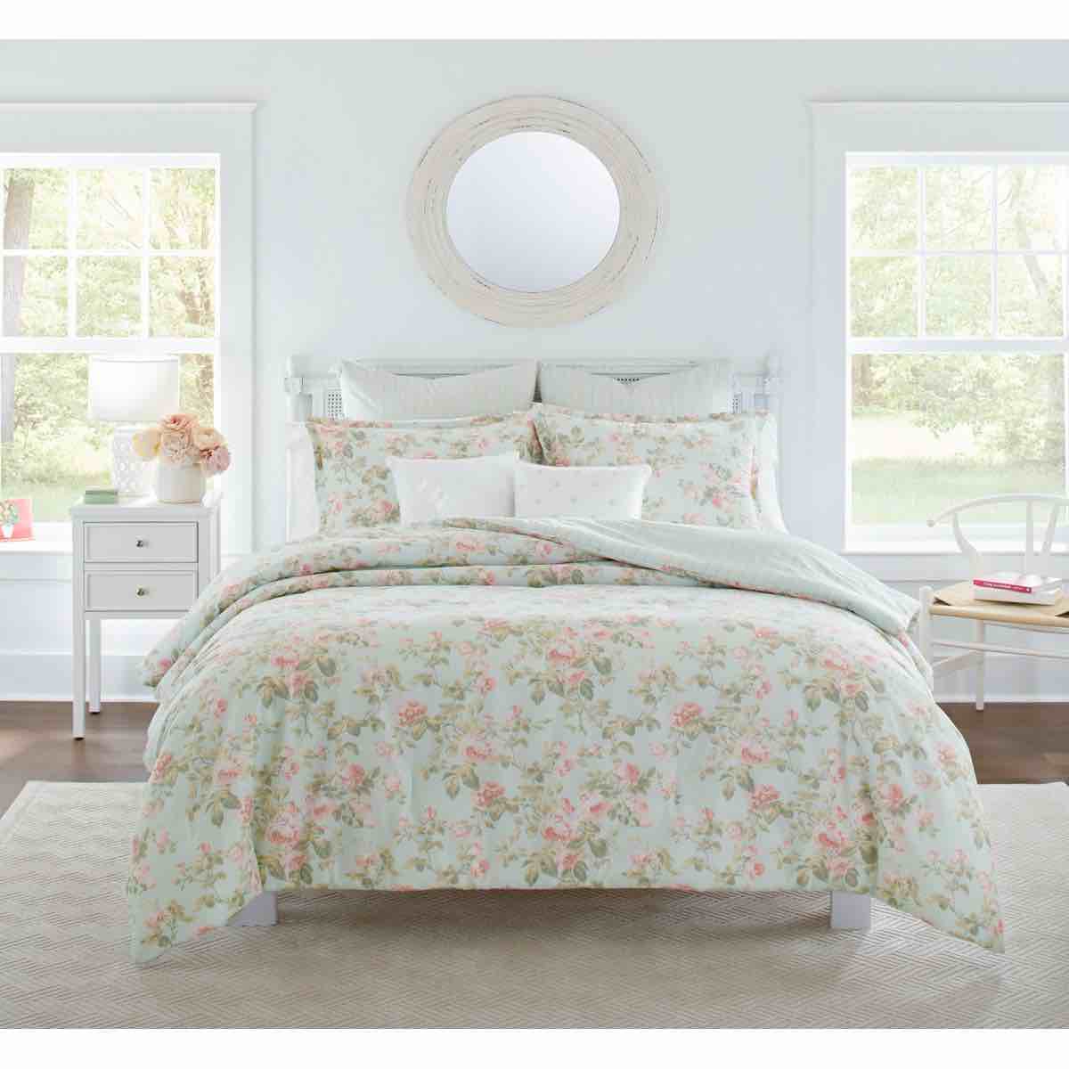 Full/Queen Laura Ashley Madelynn Green Floral Cotton Comforter Bonus Set By Laura Ashley
