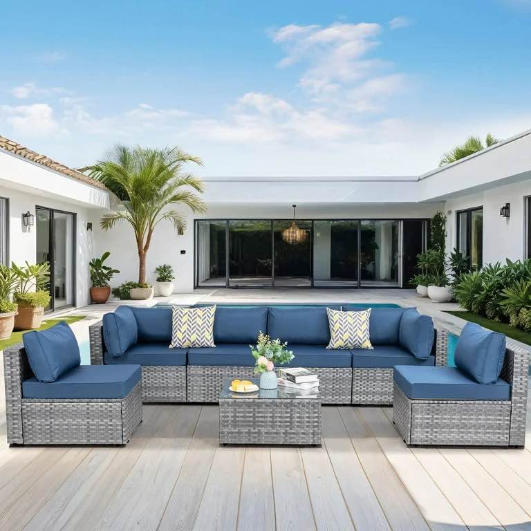 Full item. Two Boxes. Walsunny 7 Piece Outdoor Patio Conversation Set, Rattan Sectional Sofa Set, All-Weather Outdoor Modern Sectional Furniture Wicker Couch with Glass Coffee Table,Navy Blue